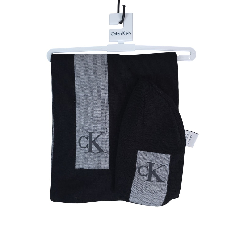 Calvin Klein Scarf Beanie Set Unisex OS Black Grey Logo Knit Accessory